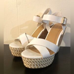 BAMBOO White and Tan Wedge Sandals